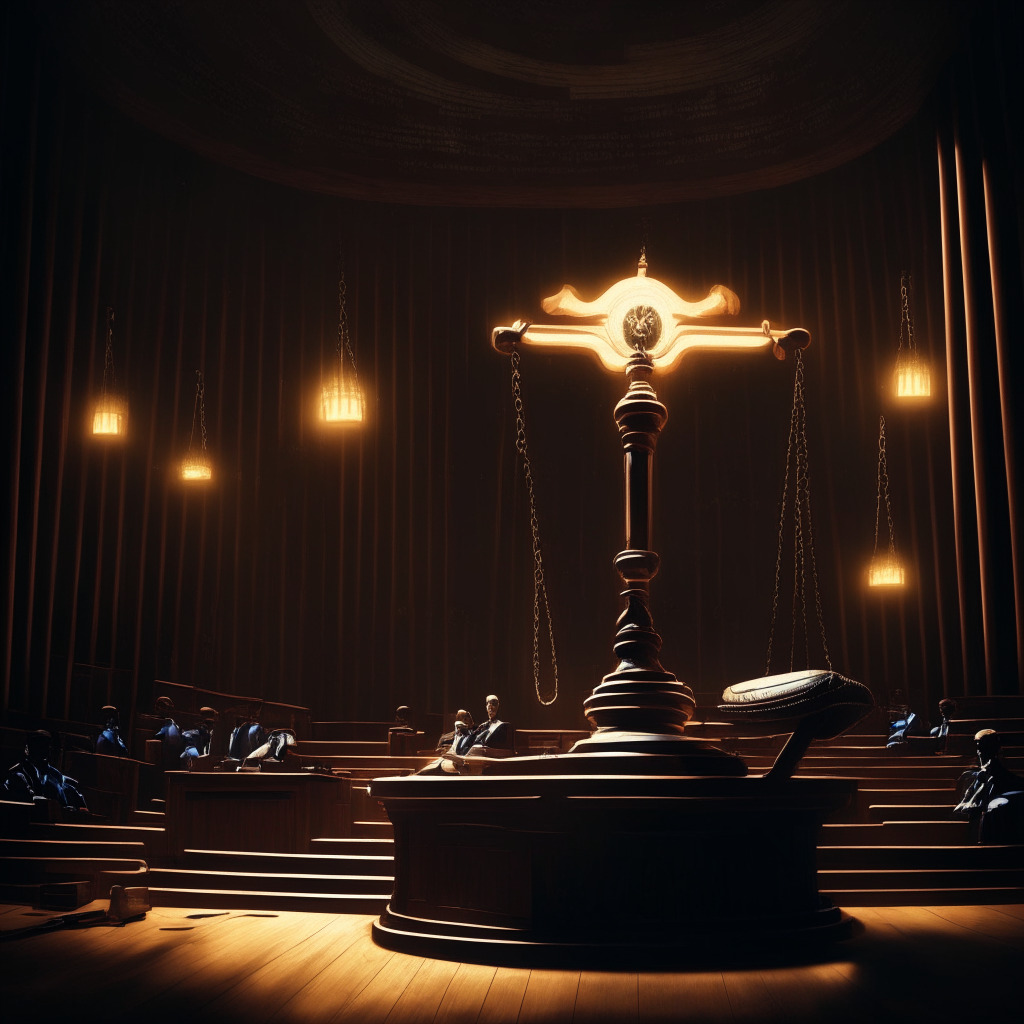 Dusky legal courtroom lit by a single spotlight, heavy wooden judge's gavel coming down with forceful authority, solemn mood. Enormous generic crypto-coin on trial, bearing shackles, symbolizing stringent regulations. Dark-shadowed cityscape in background, oscillating lights represent fluctuating crypto market. Vibrant RGB matrix style code hovers, mingling with Chinese architecture elements for a futuristic blend.