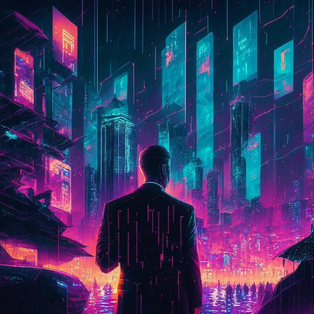 Prime minister amidst a modern tech-driven cityscape, Thai architecture, neon night lights giving a futuristic vibe. Blockchain symbols subtly integrated within the scene. A digital currency raining down symbolizing 'national airdrop'. Warm yet intense mood, a feel of change & innovation.