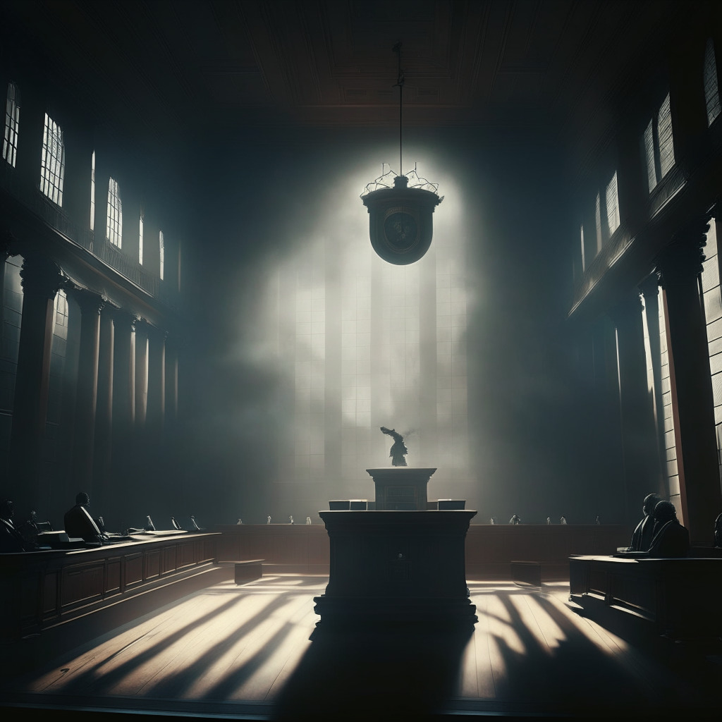 A somber courtroom, the epicenter of a blockchain debate, bathed in clouded morning light. Atmospheric chiaroscuro highlights a scrutinizing judge, symbol of regulation, and a defiant figure, representative of decentralization. Brooding clouds outside signify uncertainty, contrasted by occasional rays of hope piercing through. A touch of baroque for added drama, capturing the complex, evolving crypto regulatory landscape.