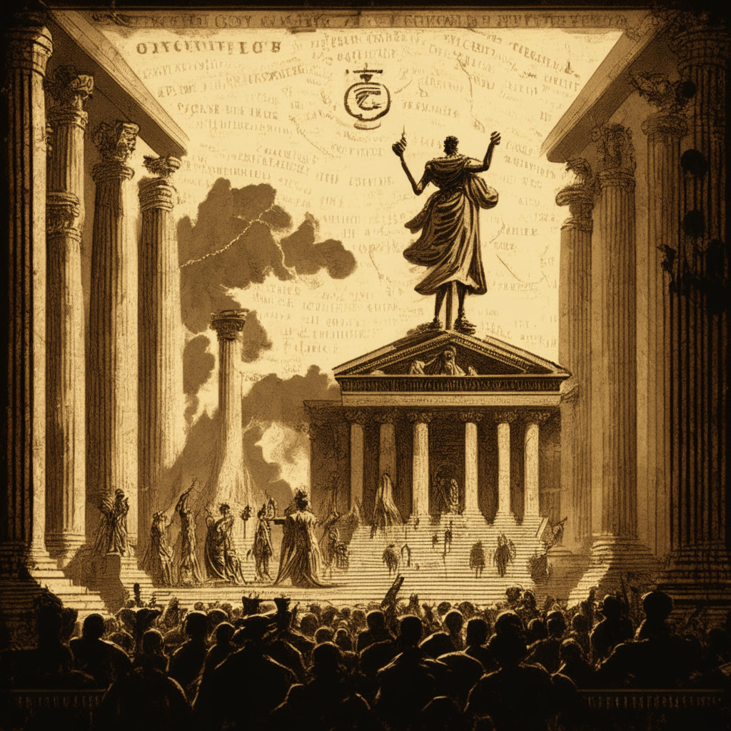 A grand court scene in vintage sepia tones, a towering judge crowned with a digital blockchain structure, figures with cryptocurrency symbols look on anxiously. A menacing shadow of a gusty tornado, symbolic of Tornado Cash, looms over the scene. Intricate golden script and weights signifying the balance of control and freedom subtly occupy the scenery. The mood is intense, the light dim, hinting at a looming decision.