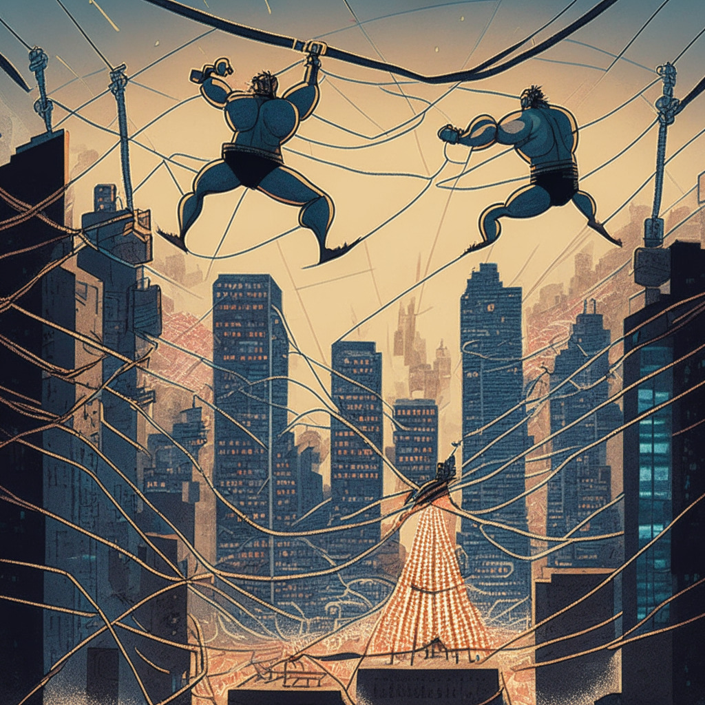 A metaphoric image of traditional payments and blockchain struggling to overpower each other, as represented by two giant Goliaths wrestling on a tightrope stretched over a bustling city, filled with complex infrastructure and embedded in a twilight setting. Each character embodies a different mood, traditional payments seem stable, calm and poised, while blockchain appears dynamic, alluring and challenging. The scene is painted in the style of surrealism, emphasizing the complexity of financial technology.