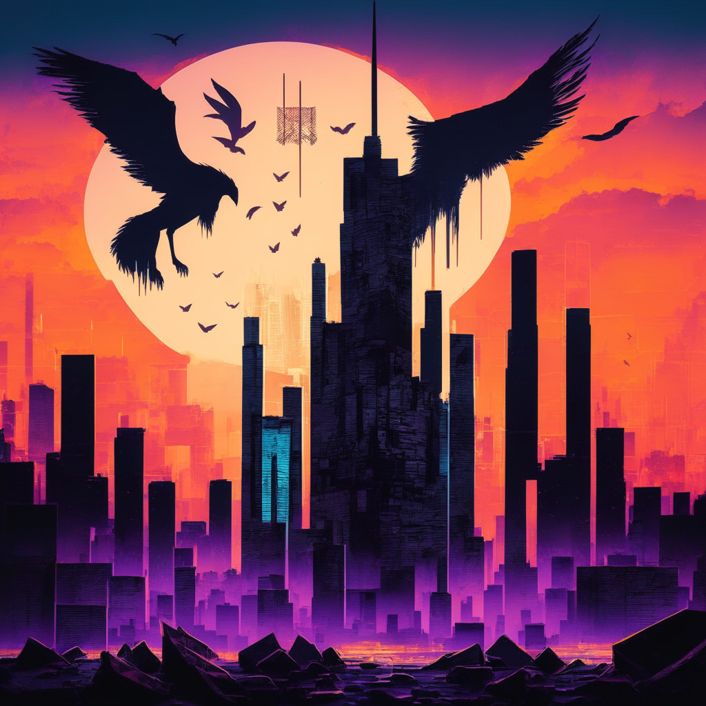 A futuristic cityscape at dusk, with silhouettes of towering skyscrapers reflecting vibrant digital currencies. In the foreground, a crumbling stone structure represents traditional finance systems, flagged with faults. In the background, an abstract phoenix rising symbolizes blockchain technology, its colors infused with the optimism and promise of the new digital world. Mood is a mixture of foreboding and hope, light setting is a dramatic twilight, with an artistic style of surreal realism.
