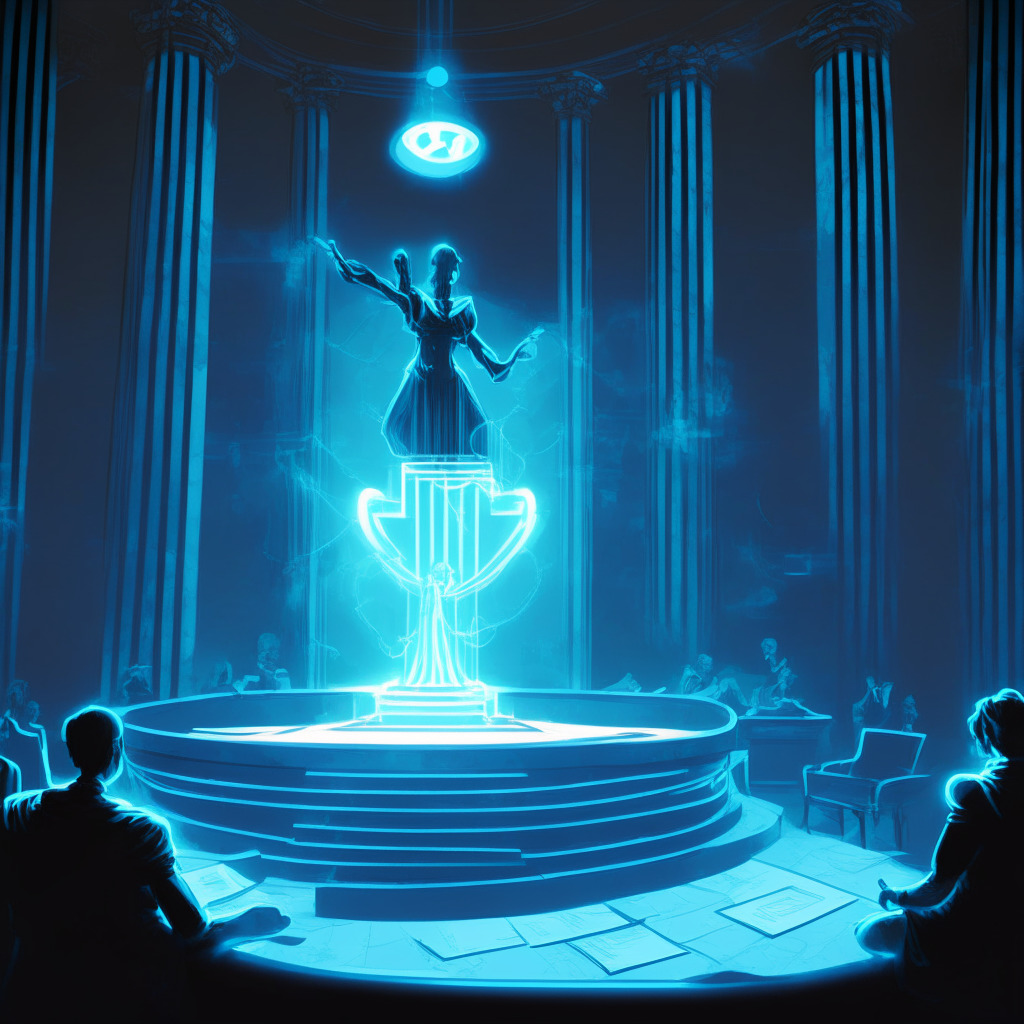 An allegorical courtroom scene where a figure symbolizing blockchain stands accused. The room is dimly-lit barring a sole spotlight on the figure, signifying strict scrutiny. A balance scale of holographic bluish light floats mid-air, with one side weighed down by a glowing representation of an NFT, the other side with a metallic representation of rules and regulations. The ambience suggests a tense atmosphere of judgement. The style is reminiscent of neoclassical legal scenes but filled with futuristic elements, representing the conflict between traditional principles of fairness and the futuristic world of blockchain.
