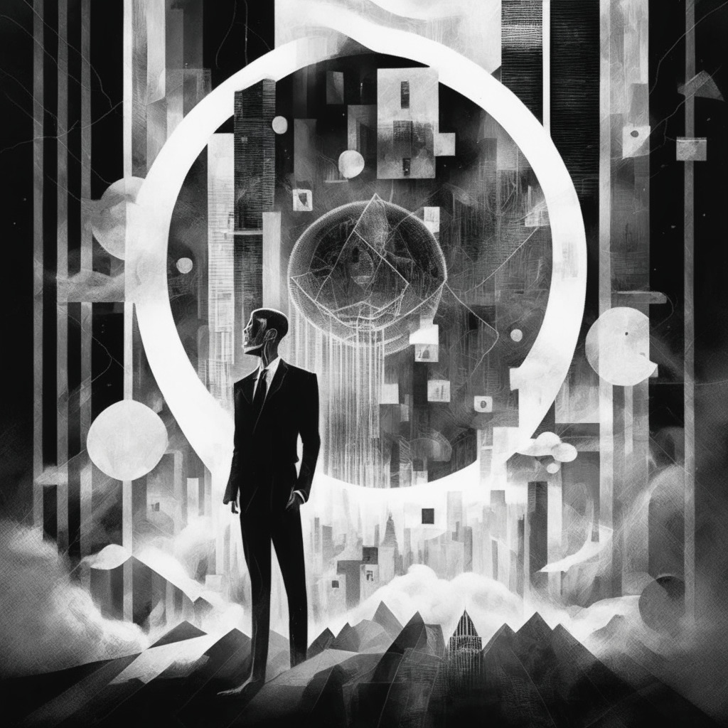 A vivid depiction of an abstract financial world, with the uncanny likeness of a blockchain, standing amidst a monochrome greyscale background symbolic of legal uncertainties. Radiant beams highlight prospects of decentralization & transparency whilst grey-scale areas hint at potential criticisms. Elements of energy swirling in the atmosphere, alluding to the environmental implications, under a contemplative, dramatic artic twilight ambience.