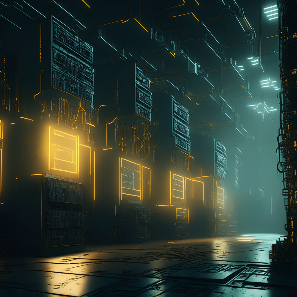 Cyberpunk-inspired digital scene populated by sleek ASIC mining equipment. The setting employs chiaroscuro lighting, emphasising cautiously hopeful tones of rising Bitcoin. An undercurrent of risk is epitomised by dystopian industrial warehouses, while prospective profits reveal themselves in golden accents. The mood swings between techno-optimism & underlying uncertainties.