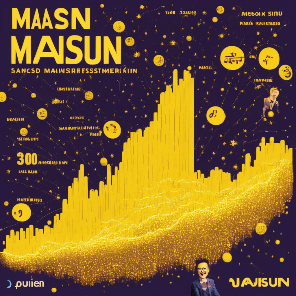 A towering, golden graph illustrating the surge of Maker's annualized revenue, reaching its peak against a vibrant space-themed backdrop. Well-known crypto personalities like Justin Sun are depicted, shooting stars representing their significant contributions to the rapidly growing pool of DAI. The overall mood is of exhilaration and anticipation, reflecting the rising interest rate and the awaited expansion of the user base. The image is painted in an abstract art style, the various elements merging seamlessly in a symphony of growth, optimism, and excitement.
