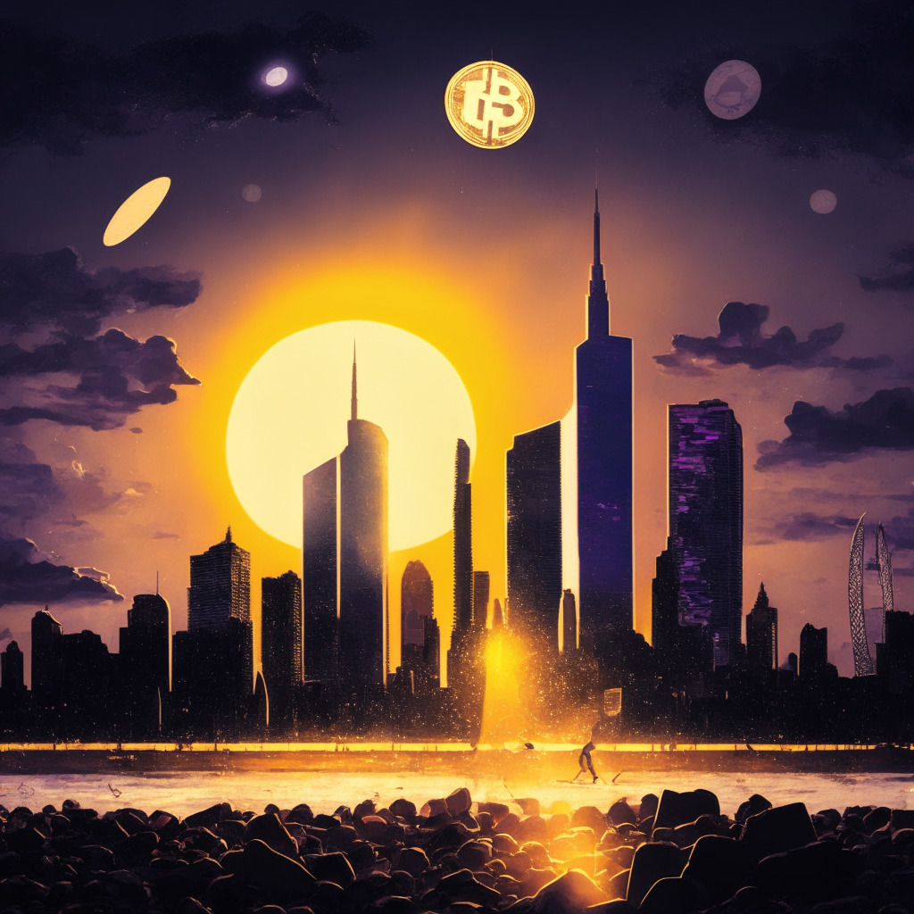 Moody financial downtown skyline at sunset, dominated by a large tumbled Ethereum coin, light reflecting off its sides. In the shadows, a launching SpaceX rocket visible. In the foreground, figures representing both investors and new altcoins like a playful, vibrant Sonic-themed coin blend into chaotic market tapestry. The atmosphere oozes uncertainty, but a glimmer of hopeful sunrise hints at potential upturn. Artistic style reminiscent of a Neo-futurist painting, enhancing sense of dynamic change and movement.