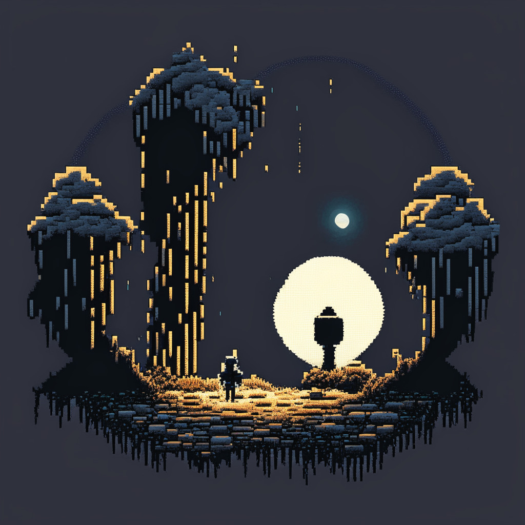 Idyllic cryptocurrency universe, stylized in pixel art, showing distinctively coded coins being drained from a floating sphere - a depiction of DeFi platform. A faced figure stands in shadow, adding a sense of gloom and vulnerability. Setting suggests twilight with diffused, soft light from a cyber moon above, highlighting a tension in the crypto world.