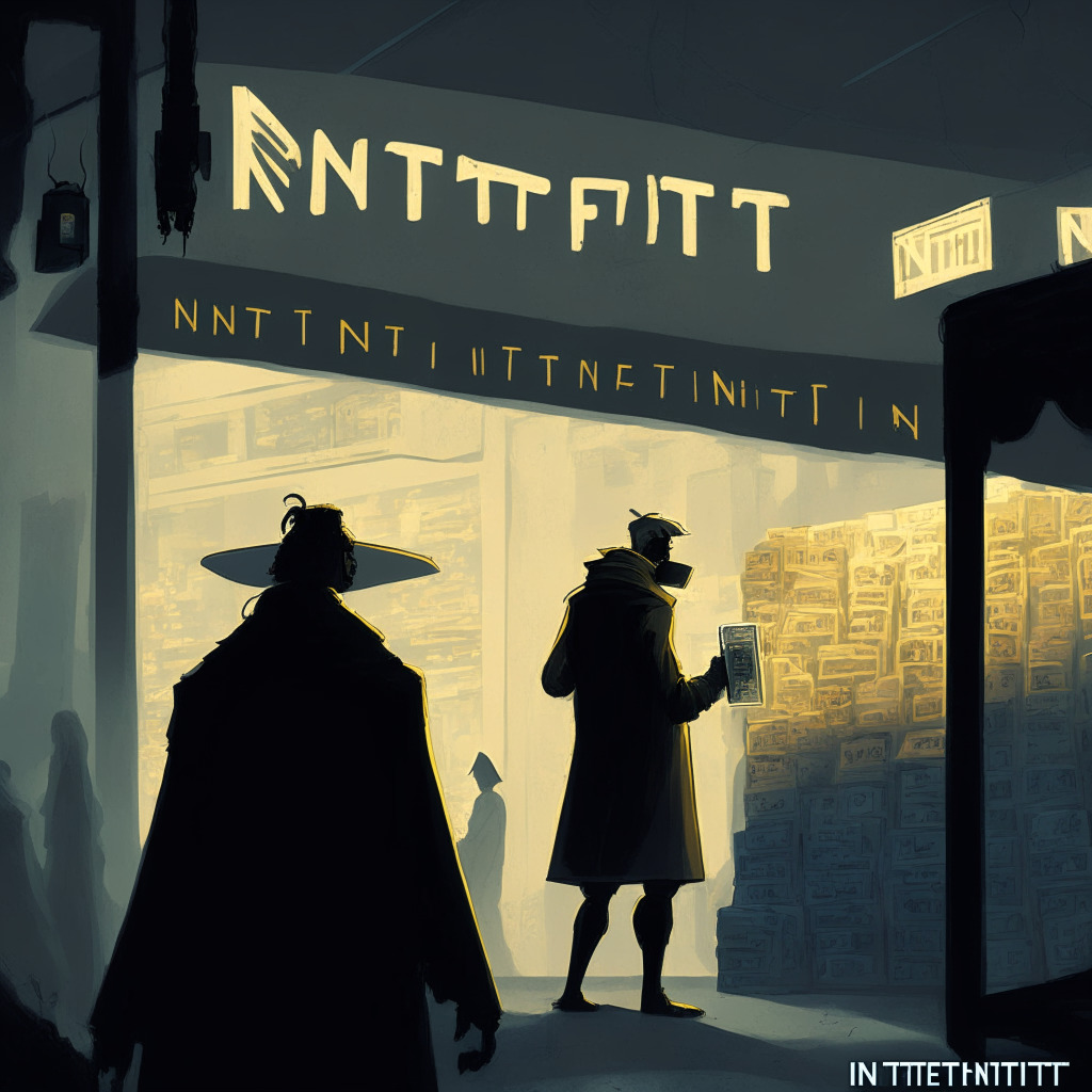 A mysterious trader tricking a bot in an NFT marketplace, a gloomy backdrop symbolic of falling NFT sales volumes and declining royalties, an ominous leak of stolen NFTs infiltrating marketplaces. Mood: A mix of cunning triumph and uneasy anticipation, contrasting light, and shadow. Artistic style: Surrealism, highlights the chaotic, flux nature of the crypto market atmosphere.