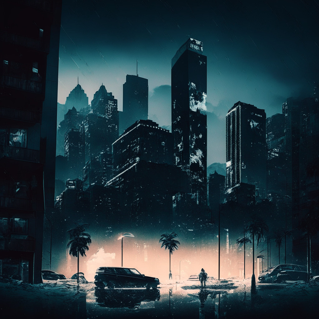 Dramatic Brazilian cityscape at dusk, featuring a police operation in the heart of São Paulo. Figures of law enforcement officers and tax auditors are scattered, conducting a major investigation. A muted cryptocurrency symbol frozen in a block of ice conveys a sober ambiance. The style is gritty and noir-inspired, suggesting tension and intrigue.