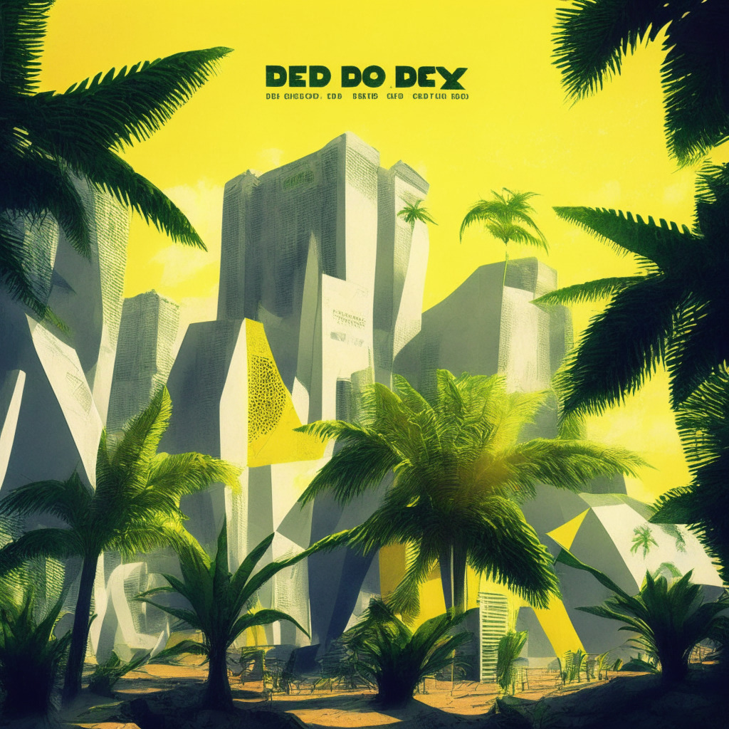 A futuristic financial landscape bathed in warm Brazilian sunshine, digital currency 'Drex' prominently featured with technologic accents, signifying its status as Brazil's CBDC. Striking blockchain algorithms dangle like ornaments, symbolizing its platform. Shadows imply potential centralized control, hinting apprehension. Artistic style: magically-realistic, mood: a mix of anticipation and caution.