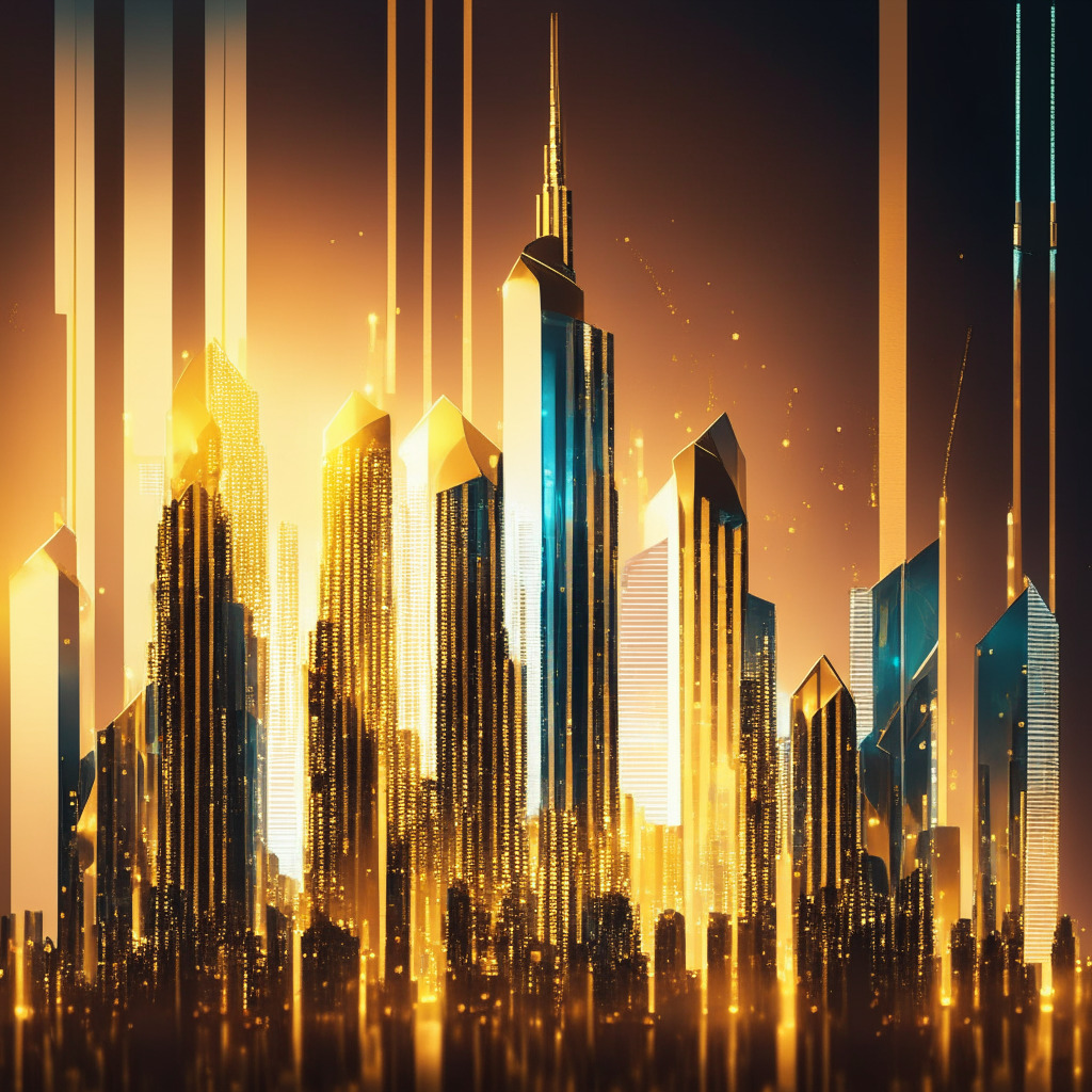 A futuristic, art deco styled cityscape at dusk, glowing in hues of metallic gold and silver. Skyscrapers tower high, their glass facades reflecting the setting sun and twinkling city lights. In the forefront, symbolic representations of digital assets soar upwards, mingling with holographic charts and graphs, signifying growth. The atmosphere pulses with anticipation, risk, and reward. Lower down, people representing various investor profiles crowd around massive, interactive digital billboard showing VIP NFTs and tokens. One monumental building sparkles with the projected image of AI chatbot. A bridge connecting two sections of the city symbolizes the transition from Web2 to Web3. The mood is upbeat yet evokes a sense of caution, mirroring the adventures of cryptocurrency trading.