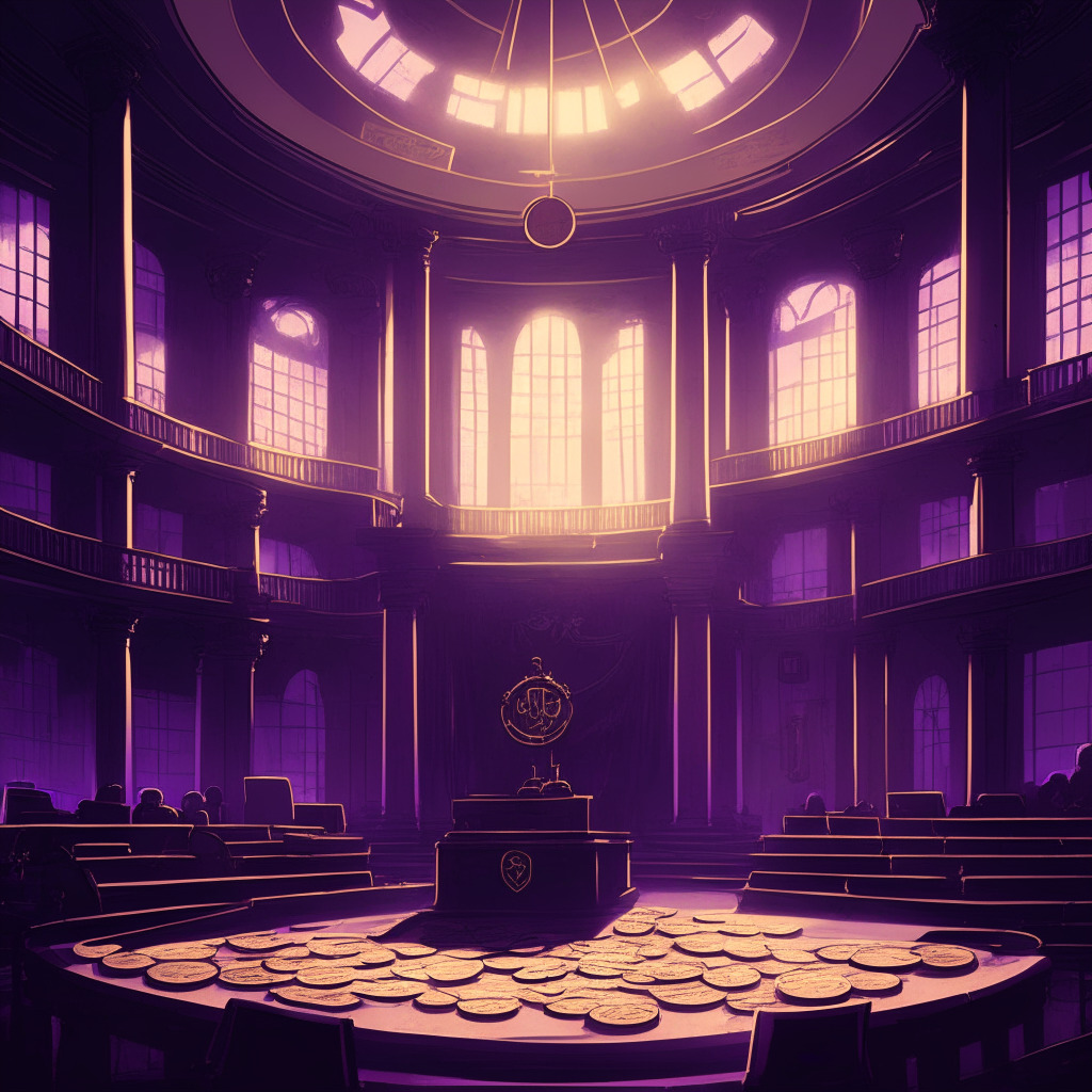 A courtroom in dusky evening light, packed with cryptic symbols from the blockchain world. In the center, an imposing scale of justice, split dollar coins on one side and cryptocurrency symbols on the other. The mood is tense, the atmosphere thick with anticipation, imbued with hues of purple and gold, reflecting the transition from traditional finance to a digital, decentralized future. The specter of ardent believers and skeptics stand at the fringes, watching this tectonic shift unfold. Artistic style: M.C. Escher inspired surrealism.