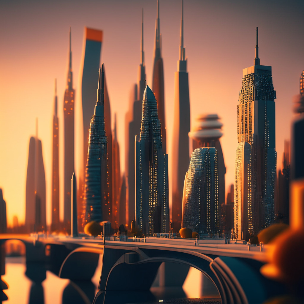 A futuristic cityscape at dusk, dominated by towering skyscrapers embodying traditional finance and new, digital crypto buildings side by side, bathed in the gentle glow of setting sun. Miniature models of a secure bridge, symbolizing EDX Clearinghouse, join the two worlds. The buildings are in the style of realistic futurism, depicting a seamless amalgamation of older tradition and the avant-garde digital revolution. Mood is optimistic, signaling prosperous collaboration.