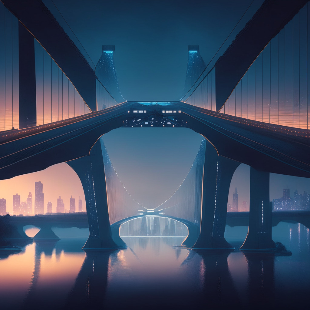 A scene depicting a massive bridge spanning a gap, illuminated by ethereal dusk light. The bridge represents an interface between two worlds — a traditional cityscape to symbolize conventional finance on one side, while the other side reveals a futuristic, decentralized city emerging from the intricate matrix of a digital, holographic version of a cryptocurrency. The atmosphere evokes studious anticipation and hope for understanding. The scene is painted in the style of modern futurism.