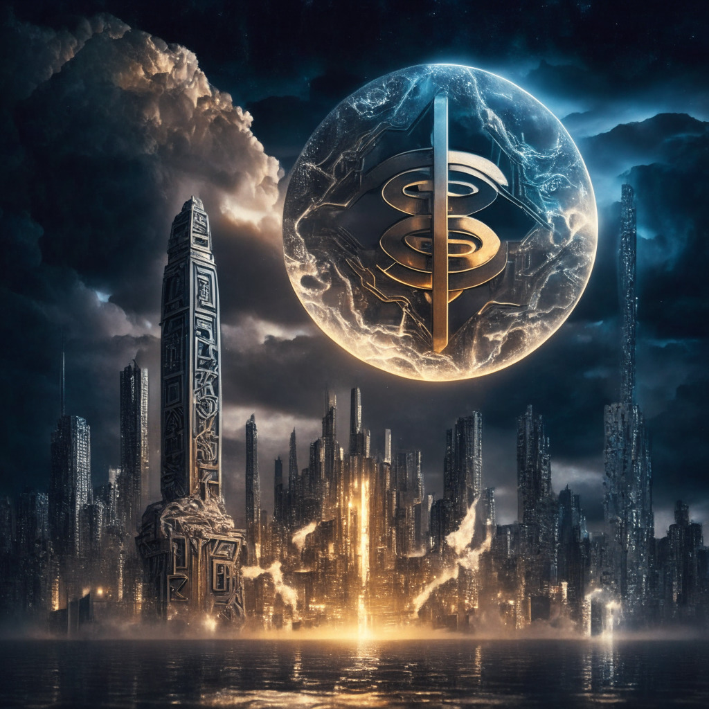 A fusion of Bitcoin and Ethereum elements, embodied as two intertwined symbolic structures, one bronze (representing Bitcoin) and one silver (representing Ethereum). In a surreal, futuristic cityscape illuminated in soft moonlit glow. Express futuristic optimism while hinting controversy through stormy clouds looming in the background.