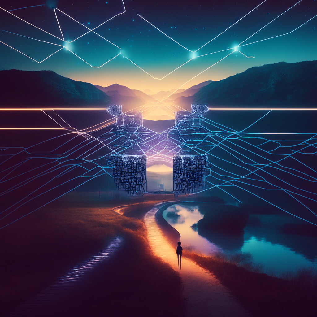 Digital frontier transitioning from Web2 to Web3, with a ChatGPT symbol acting as a bridge to metaphorically illustrate its role in the transition, illuminated by the soft glow of blockchain nodes spreading across the landscape limned in futuristic, luminescent hues. Atmospheric perspective creates a moody, dramatic feeling of endless possibilities.