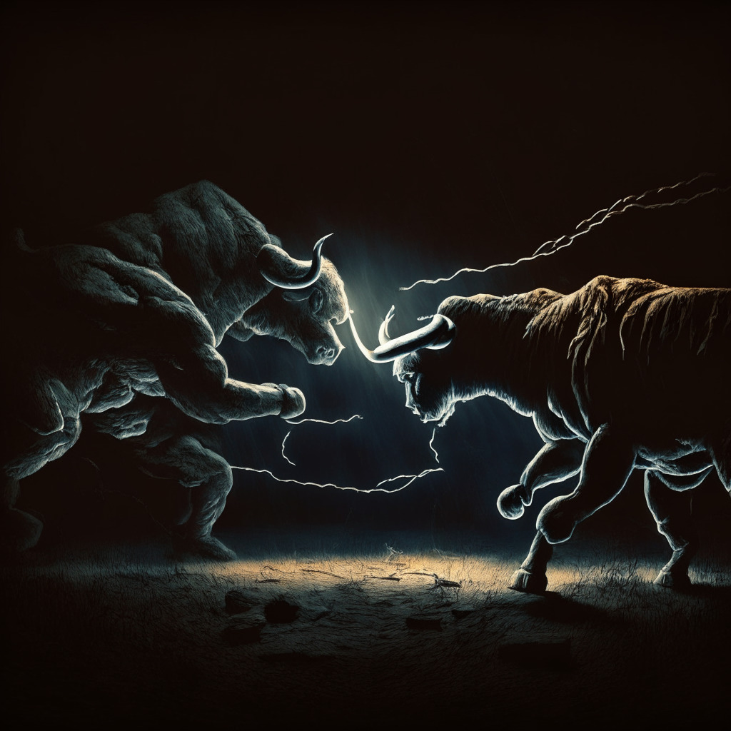 Dramatic representation of the bull and bear engaged in a fierce tug of war, rendered in a striking chiaroscuro style. The scene is bathed in the ominous glow of torchlight, heightening the sense of tension. Cryptocurrency symbols subtly integrated into the landscape, portraying stability against decline. Overall mood to convey a sense of uncertainty, anticipation.