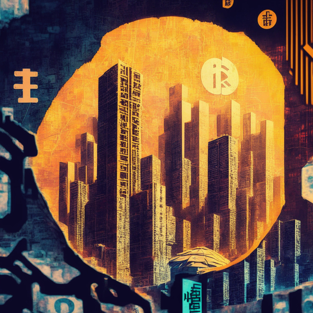 Detail-rich skyline of China, a bustling digital market, cryptocurrency coins spiraling in the air. Colorful digital matrix styled visuals form a VPN tunnel breaking through a massive wall representing restrictions. A vintage paper, Binance logo subtly visible, blends into the scaffolding. Hints of uncertainty and defiance fill the scene with a twilight lighting, highlighting resilience and resistance.