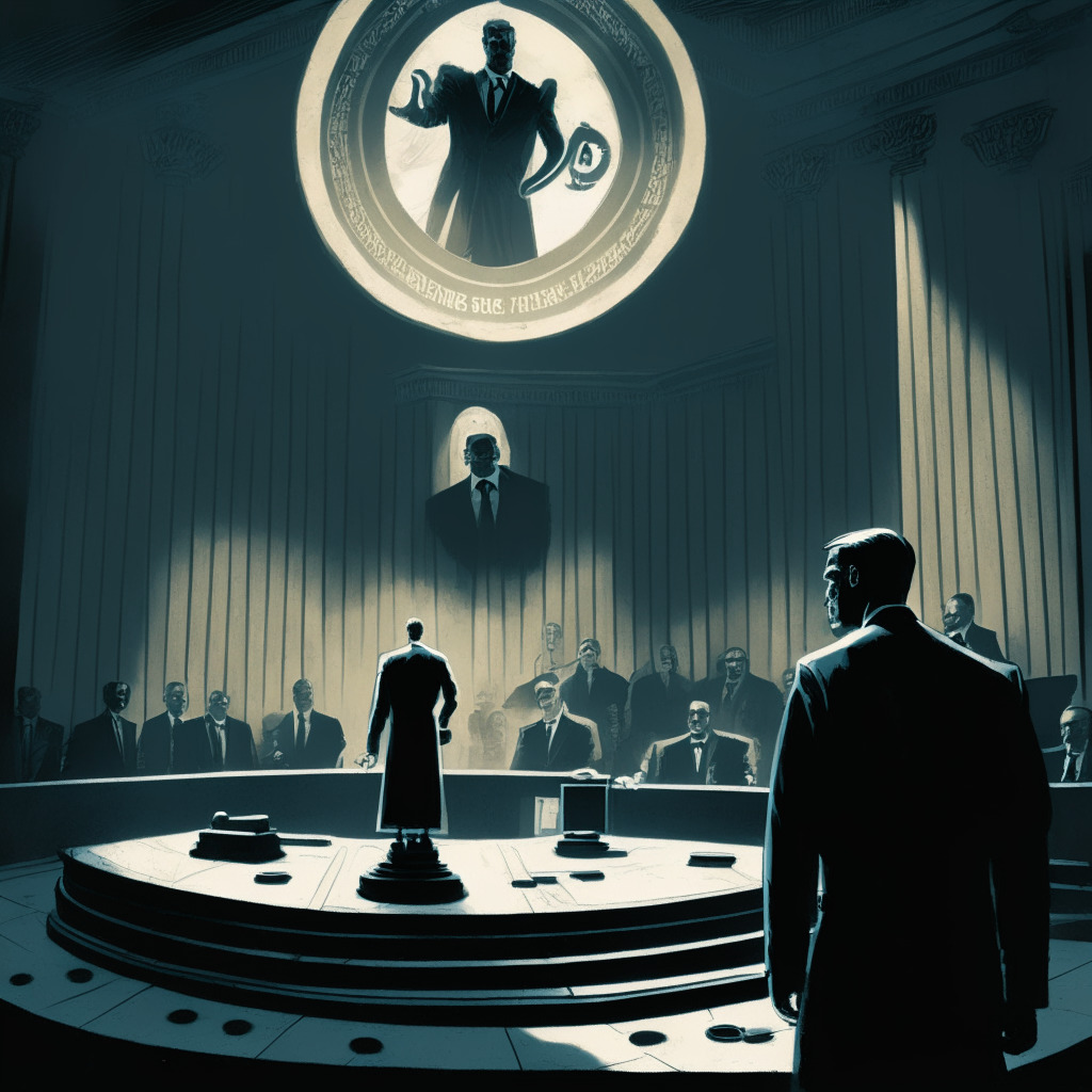 A tense battle scene, set in a gloomy courtroom, emerges. Under dim, foreboding overhead lighting, Congressman Warren Davidson stands firmly, a stern expression on his face, clutching a gavel, the symbol of legislation and order. In the background, amidst shadows, is a ghostly image of a large, sinister digital coin, representing Central Bank Digital Currency, casting an oppressive spotlight onto the scene. This metaphorical Death Star ominously looms, while disconcerted crowds watch, divided in their opinion, some fervently supporting Davidson, others defending the CBDCs. Mood: somber, ominous undertones mixed with a hopeful determination for justice. Art style: realistic with touches of symbolism for a dramatic effect. Colors: cold tones to highlight conflict and uncertainty.