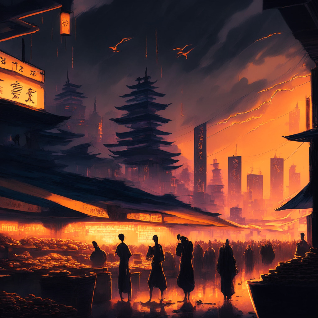An in-depth, bustling Asian marketplace illuminated by the golden glow of twilight. In the foreground, symbols of Bitcoin and Ethereum rise like towers, suggesting the rising wealth in digital assets. In the distance, ominous dark clouds, symbolizing market risks and volatility. The artist's style is reminiscent of vibrant, dynamic Cyberpunk, reflecting cryptocurrency’s futuristic edge. Mood: Exciting yet uncertain.