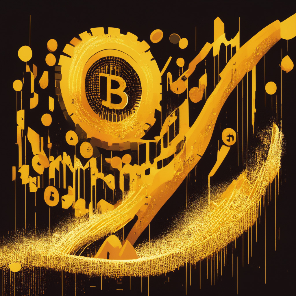Abstract modern art style depiction of a roller coaster, peak lit up with vibrant golden hues signifying 'soaring Bitcoin mining revenues' and a dark trough representing 'expanding losses'. A background of fluctuating bitcoin icons and mining axes fading in and out, conveys volatility. The overall mood is paradoxical - both optimistic and tense.