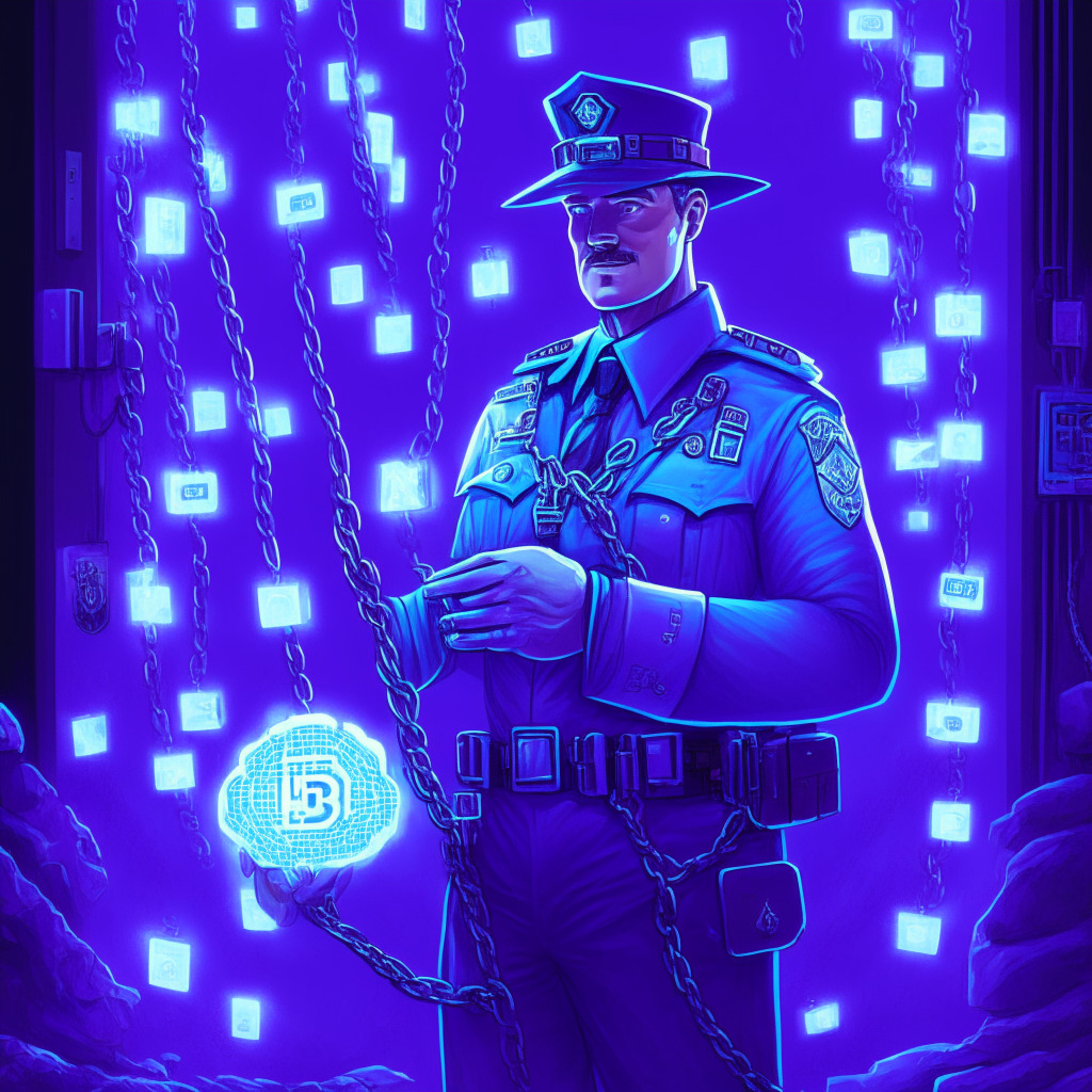 A digital future, imbued with subtle hues of blue and purple, showcasing a strong yet approachable Royal Canadian Mounted Police officer holding a glowing device radiating chains of blockchain. The officer is surrounded by digital currency and non-fungible tokens, floating within a secured vault, expressing the balance of freedom and regulation in a crypo world. Mood: Progressive, Secure, Balanced.