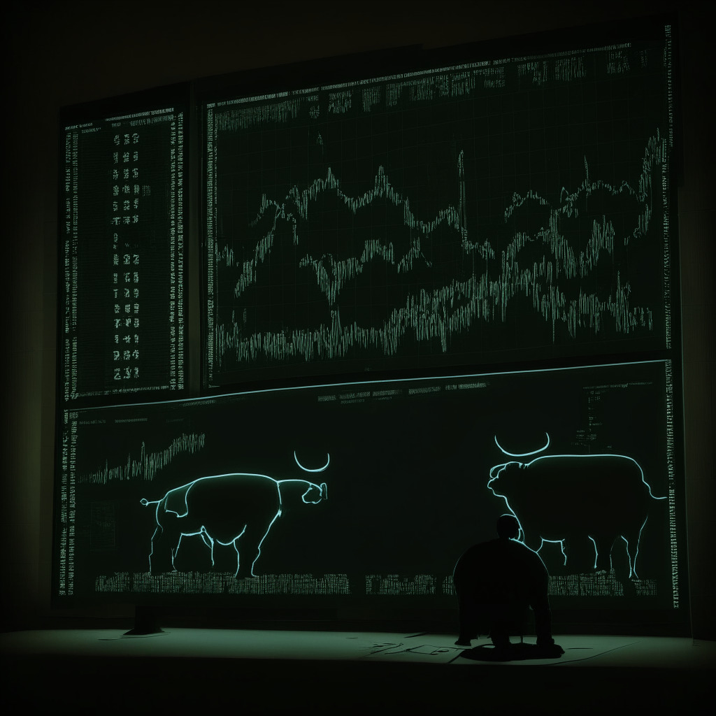 A dimly lit financial charts room, one large screen displaying two graphs: a subtly declining line, symbolizing Cardano's recent price drop below $0.30, and a silhouette of bulls preparing to charge. A secondary, smaller monitor shows a cartoony, digital coin bearing a turtle, symbolizing the Cowabunga Coin. Soft chiaroscuro light effect, a nod to Renaissance art. Mood: Pensive anticipation.
