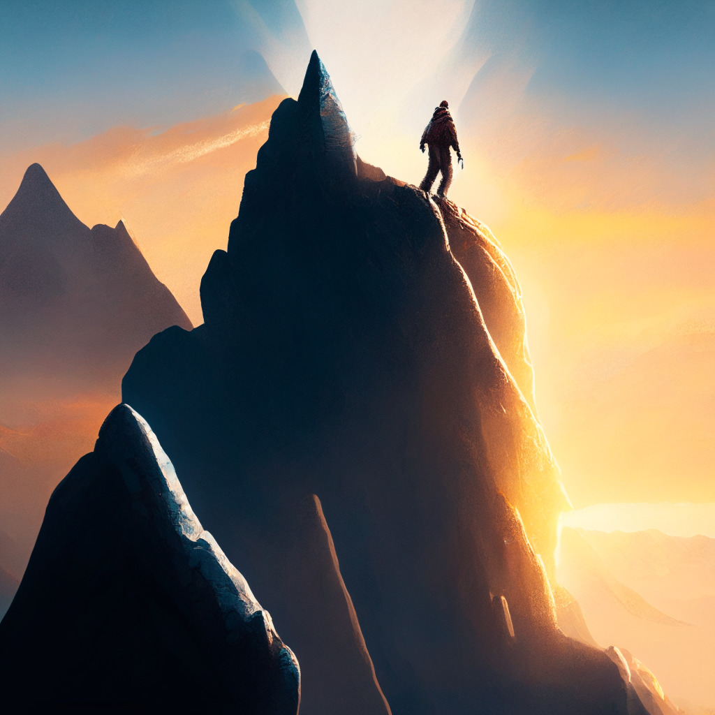A detailed panoramic view of a rising but under-evaluated digital landscape, personified by a figure adamantly climbing a steep, rugged mountain with grace, symbolism of Cardano's progress against odds. The image is bathed in soft, warm dawn light, capturing a hopeful yet cautiously optimistic mood. The figure sporadically shines brighter, representing the potential rally. In the distance, a novel entity sparkles into existence, representing the emergence of XRP20, offering an intriguing contrast as the new promising player.