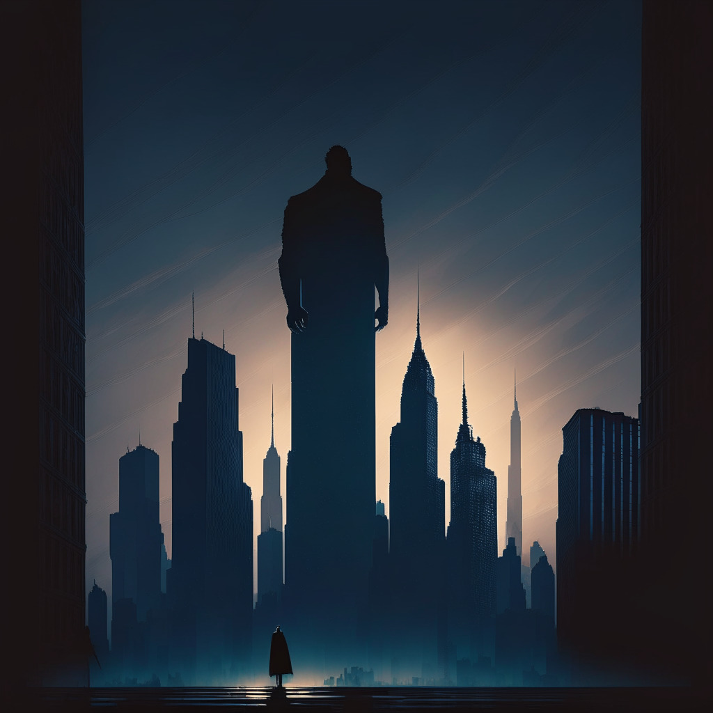 An ominous, twilight setting of New York with a large specter-like figure of SEC breathing down on the towering skyscrapers, symbolizing tightened compliance grip. Dramatic play of shadows and light hinting at the intricate detail in the tension and confusion brewing in the crypto industry. The overall mood is somber and hinting at unease.