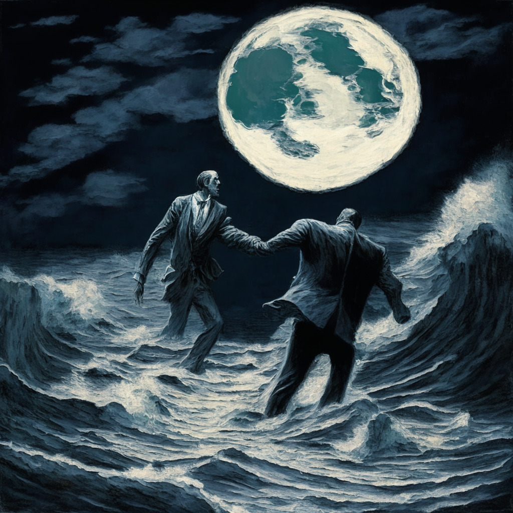 A symbolic representation of a crypto lender in disarray, being led to safety by a strong figure of a bankruptcy judge. Let it be twilight with the moon subtly symbolic of a hard-to-reach goal. The scene is marred by treacherous waters, palette of grays to impart a sense of challenge. Artistic style akin to impressionism to evoke a sense of uncertainty, yet hope.