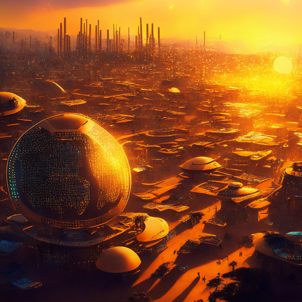 A digitally advanced Central African Republic as imagined through an Afrofuturistic lens, bathed in warm, golden sunrise light, signaling a new era. A complex matrix of blockchains hovers over a lively, bustling market, hinting at crypto-enabled economy. A glowing illustration of land and resources tokenization can be seen interspersed with ambitious cityscapes. The ambience is a blend of skepticism and excitement, painted in bold, dynamic brush strokes to capture the nation's transformative journey.