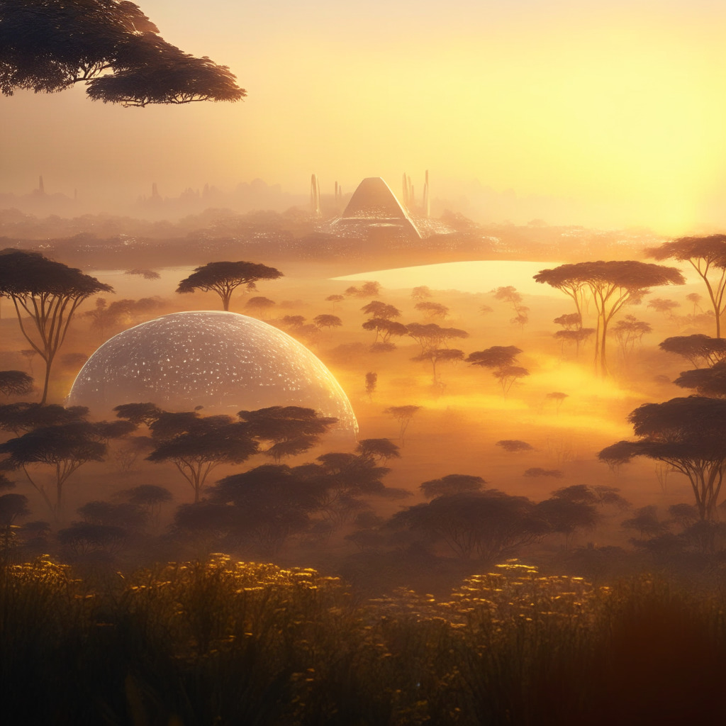 An African landscape at dawn, bathed in soft, golden light announcing a new day of possibilities. Central African Republic's National Assembly in the background, rich biodiversity in the foreground hinting at natural resources. In the middle, an ethereal, semi-transparent hologram of a cryptocurrency, evoking the concept of tokenization. The style - a blend of realism and fantasy, echoing hints of hope and concern.