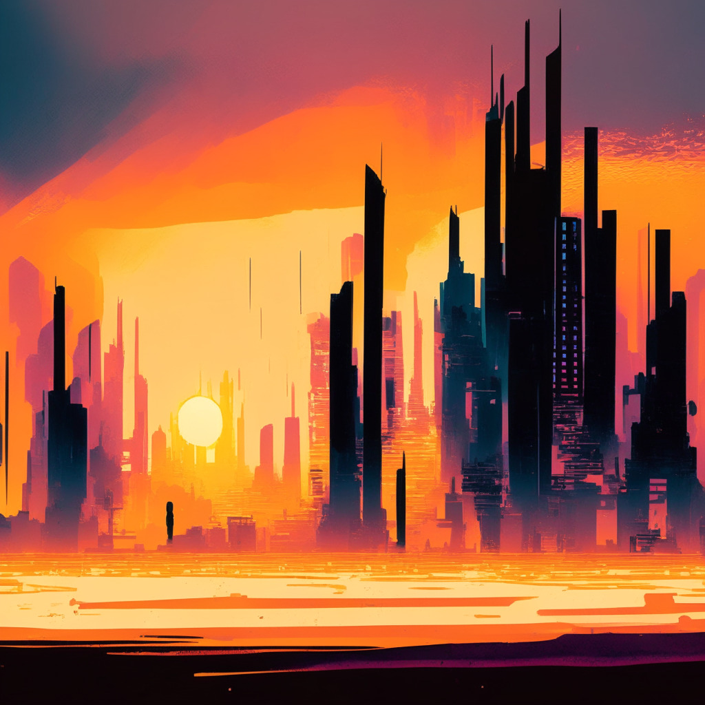 An abstract landscape of a digital cityscape emerging from an old-fashioned physical wallet, transformed through dynamic brush strokes in a futuristic color palette. Illuminated by the soft glow of a setting sun, symbolizing the transition from physical to digital currency. Shadowy figures in the background hint at impending threats and regulatory oversight, evoking a sense of uncertainty yet curiosity. The overall mood is a blend of intrigue and caution.