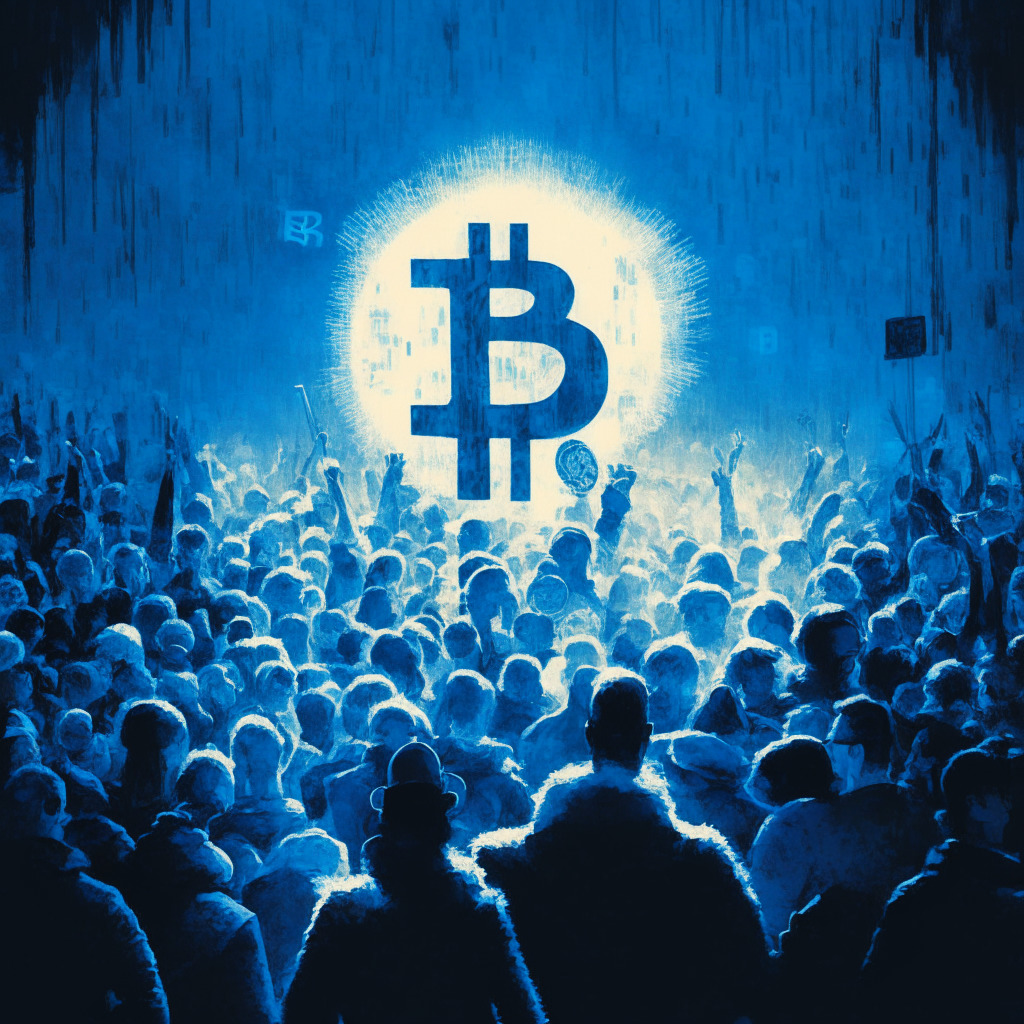 An abstract impressionist image of a digital dollar sign towering ominously over a crowd of people, accented with streaks of cold blue lighting, symbolizing government control. In contrast, a warm-hued, decentralized Bitcoin coin shines brightly, empowering its holders, breaking through the frosty atmosphere conveying a sense of vigilance & hope.