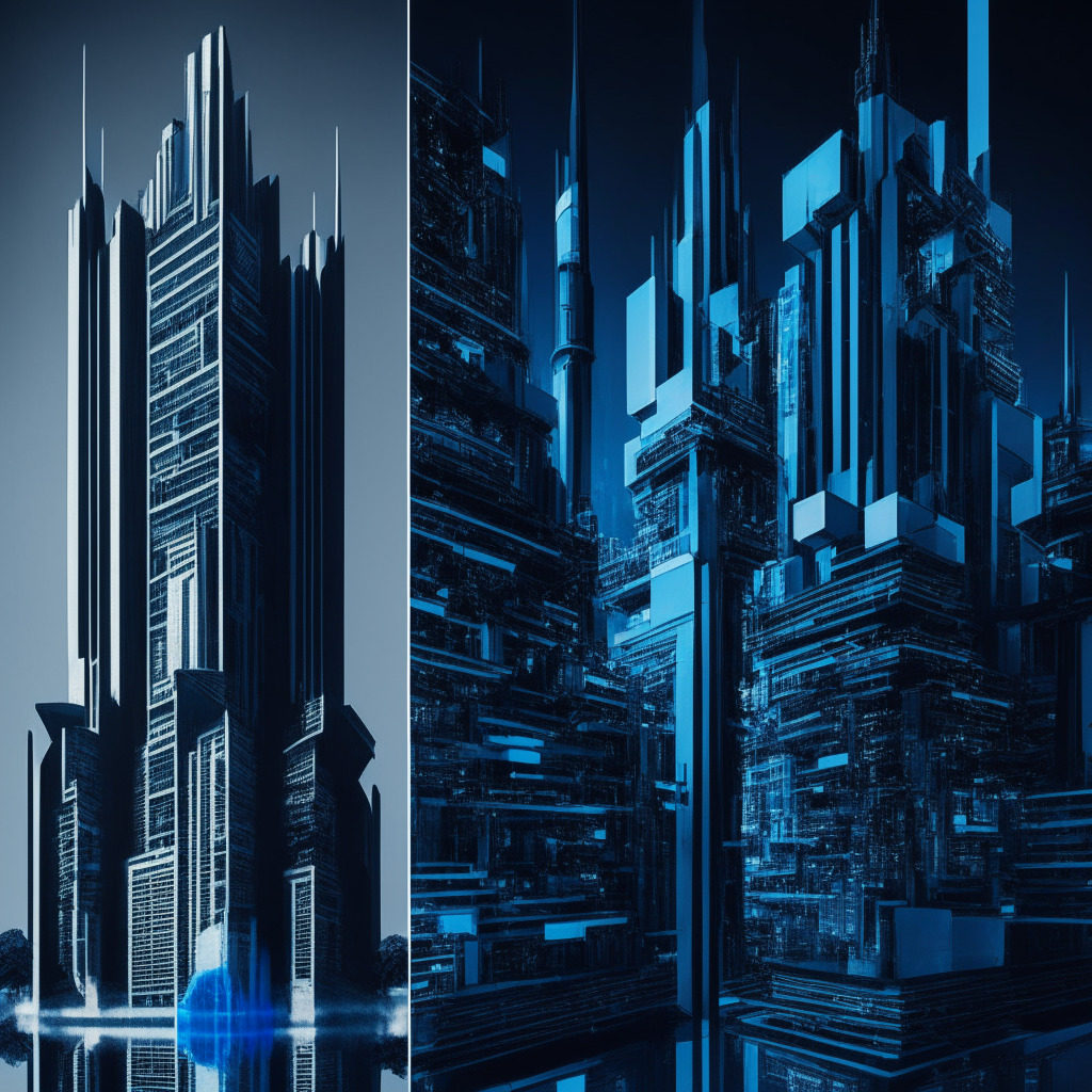 A futuristic city reflecting decentralization vs centralization in its architecture, contrasting noir-style glass-towers, symbolic of tech giants, against minimalistic, blockchain-inspired buildings conveying decentralization. The detailing in both structures should encapsulate the dichotomy of control vs autonomy in digital spaces. The color palette should contain rich blues and monochromatic hues for a more dramatic and tension-filled atmosphere. The city is bathed in a somber twilight, creating a mysterious mood, leaving the observer pondering about their digital existence.