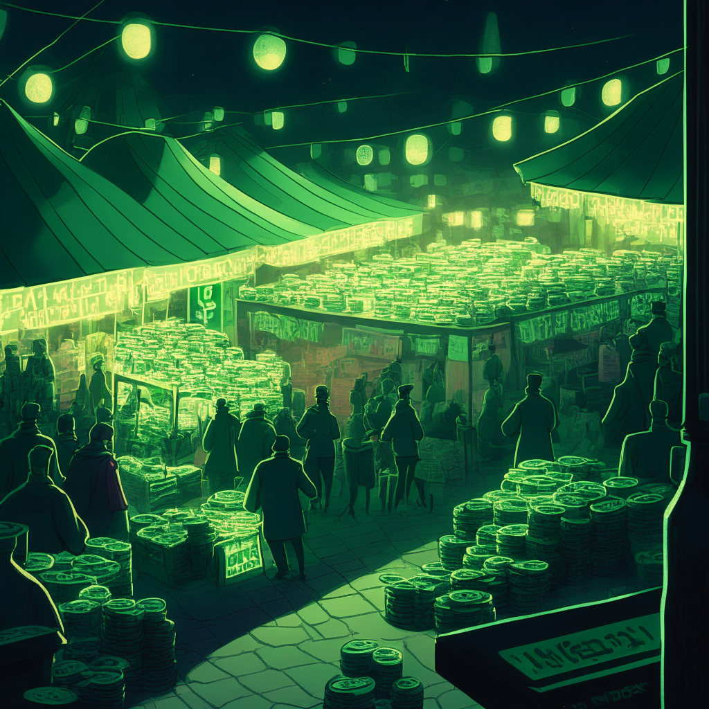 A twilight-lit market scene with numerous stalls representing various cryptocurrencies, the foremost one being Chainlink, showcasing a slightly sinking but steadily rising coin. Underneath there, a strong yet fluctuating green support line, indicating ups and downs. In the background, faintly visible but steadily growing, a beacon representing Coinbase's Ethereum layer-two protocol. The mood is tense but hopeful, embodying the uncertainty but potential growth of Chainlink. The artistic style is reminiscent of a detailed comic illustration.