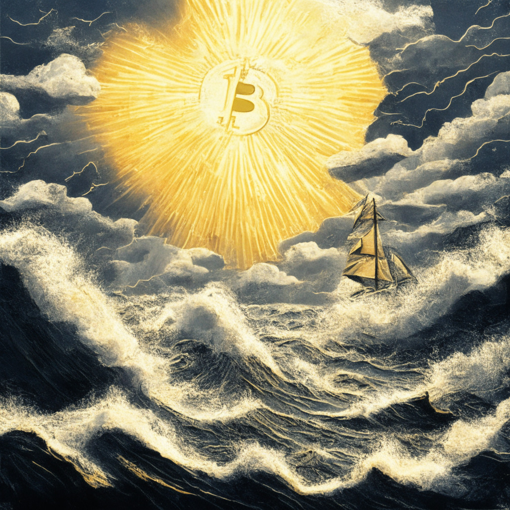 Depict a detailed visual metaphor of Bitcoin navigating rough, stormy seas, its once shiny golden surface now worn and muted. The background should be a turbulent sky, reflective of the uncertain macroeconomic climate. Yet, let there be a glimpse of sun breaking through the dense cloud cover, symbolizing past success and future prospects. The overall style should be post-impressionist with heavy, detailed brushstrokes. The light should be low-key, with dramatic contrasts of light and darkness, which denote tension but also hope. The mood should be tense and uncertain but also resilient and hopeful.