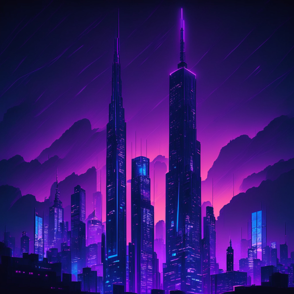 A bustling metropolis under a calming twilight, saturated in soft electric blues and vibrant purples. Illuminated digital skyscrapers, representing diverse blockchain brands, compete for attention. A single stark tower in neon, signifies a distinct brand, beaconing brightly. Mood is intense yet hopeful, a hint of the triumphant journey of investment in branding.