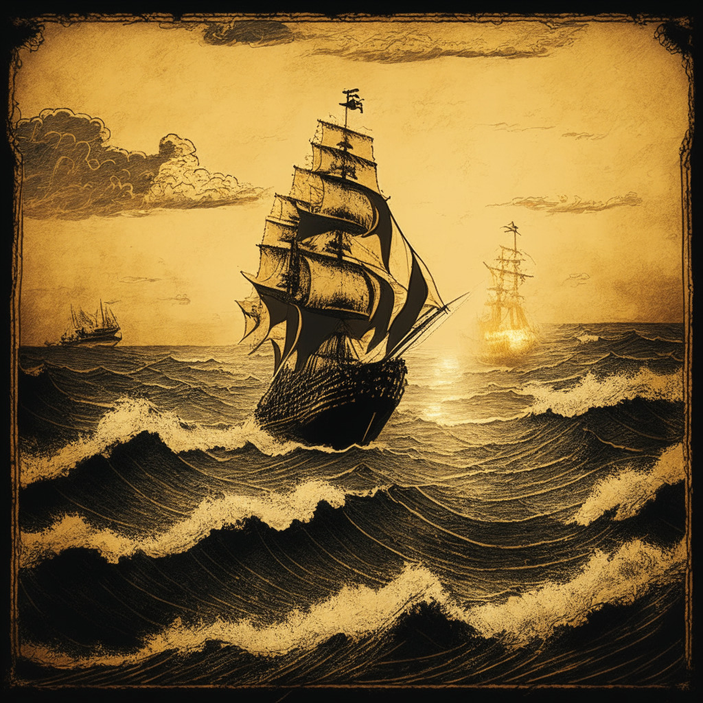 A stormy, turbulent vintage sea in an old map-like style, with a ship named XRP sailing towards an emerging golden sunrise. Dark clouds of uncertainty and high waves reflecting market instability line the path ahead. The overall mood of the scene is one of cautious optimism, with subtle hints of gold denoting the possible future rise of XRP amidst the uncertainties.