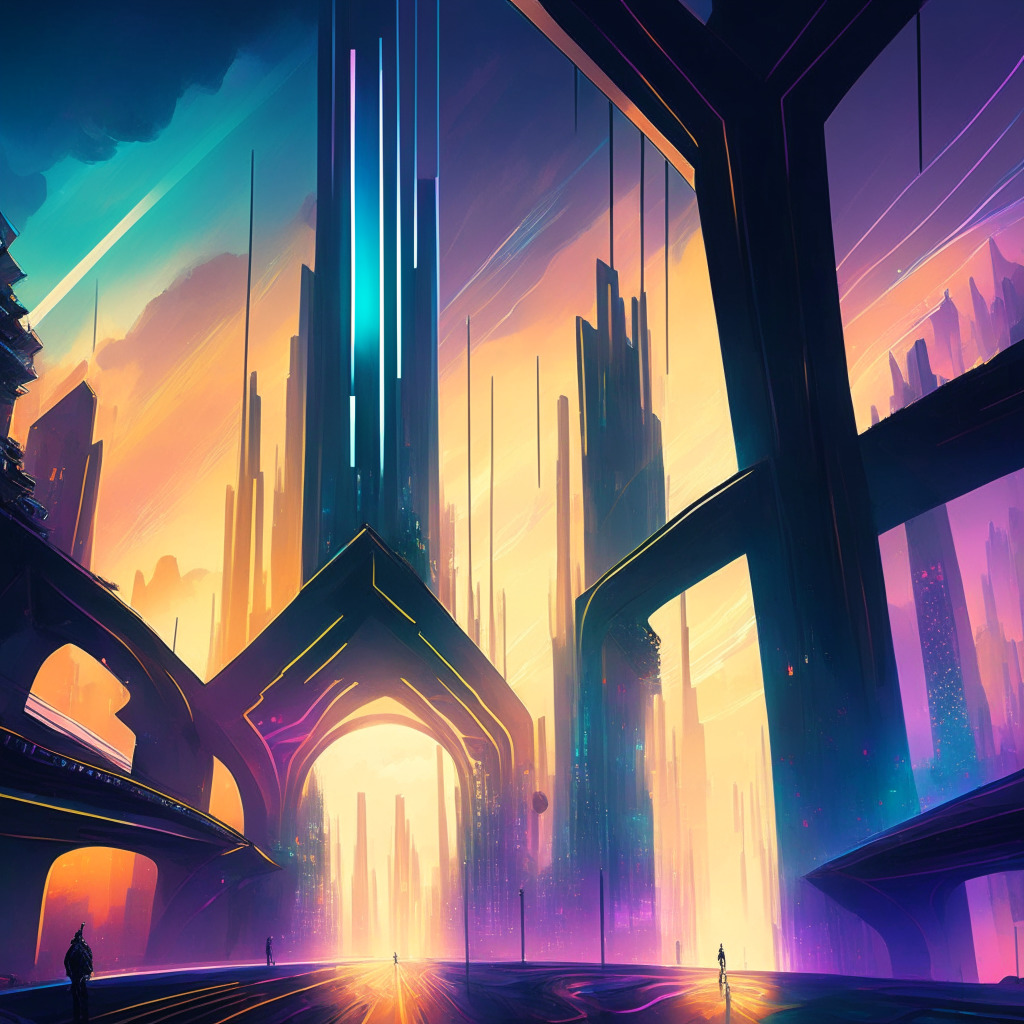 A futuristic cityscape humming with blockchain activity, an Ethereum layer-2 network represented as majestic sky bridges, luminescent and ethereal. Painted in the style of a neo-futurism, interspersed with rainbows symbolising triumphs over hurdles. Shadows loom to signify challenges, while sunlight pierces through, casting atmospheric, moody hues for resilience. No logos.