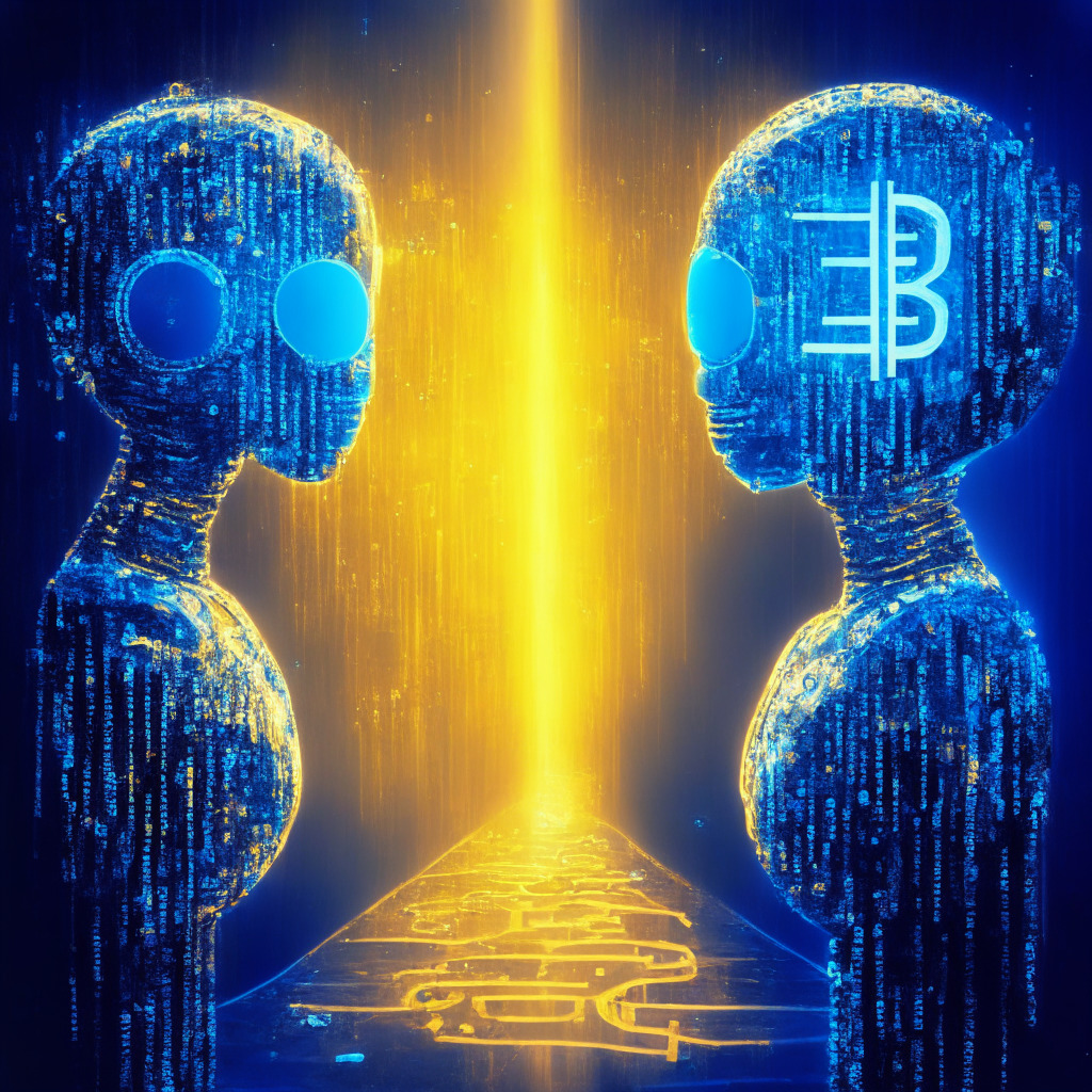 Two AI chatbots ChatBTC and ChatGPT enlarged in a digital landscape symbolizing Information Highway. Golden rays of knowledge stream from ChatBTC into a Bitcoin symbol, reflecting its accurate, reliable nature. ChatGPT, in contrast, emits scattered, hazy beams, hinting its unreliability. Moody blue shades capture the technological flavor, chiaroscuro painting style.