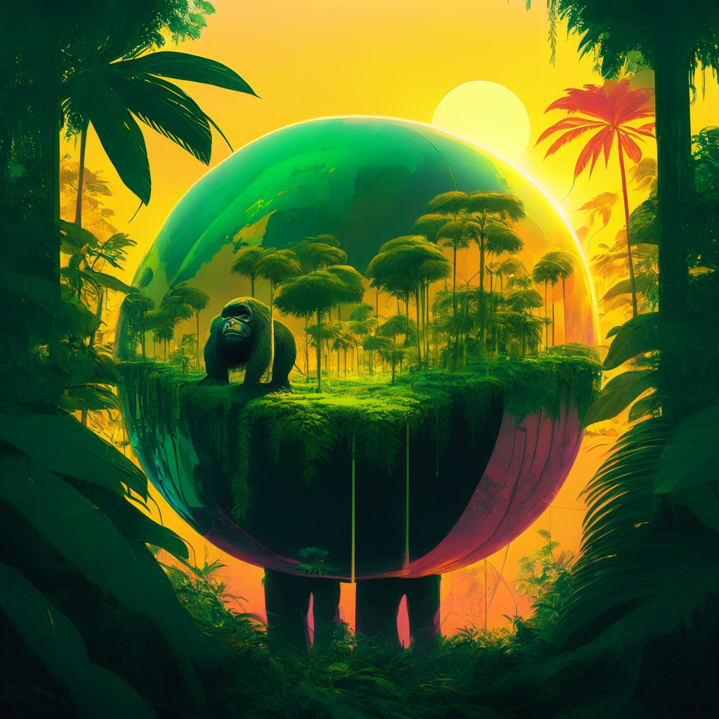 Dystopian future reimagined as eco-utopia, blockchain energy pulsing from a technicolor orb at dusk, foregrounded with a chimpanzee planting lush tropical trees. Incorporate verdant hues and warm golden light reflecting investor optimism yet peace, with undertones of respect for nature. Artistic blend of abstract and realism.