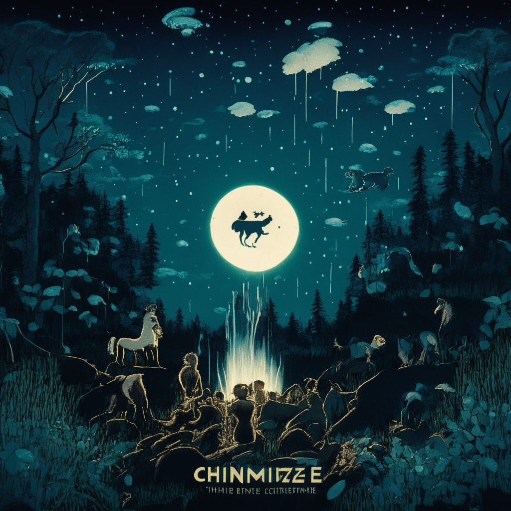 A celebratory scene under moonlit skies exhibiting the success of Chimpzee's charity-focused project, an ascending graph reflecting the $1 million milestone, tokens raining down symbolizing the airdrop. Background includes lush forest denoting animal conservation, a melting ice cap depicting climate change. Mood is of triumph and anticipation, with a palette inspired by Baroque chiaroscuro.