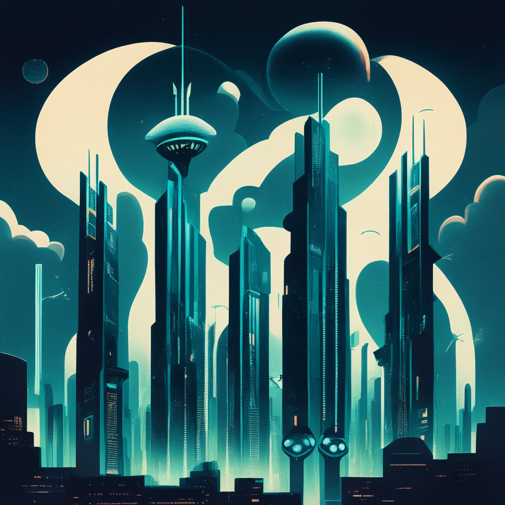 A moonlit cybernetic-themed cityscape in China, four giant AI chatbots rising above the skyscrapers, symbolizing four leading tech companies, in art-deco style. In contrast, a smaller abstract representation of the Robinhood app floats mid-air, showing downward trends, which hint at turbulence in a stormy sky, expressing caution and scrutiny.