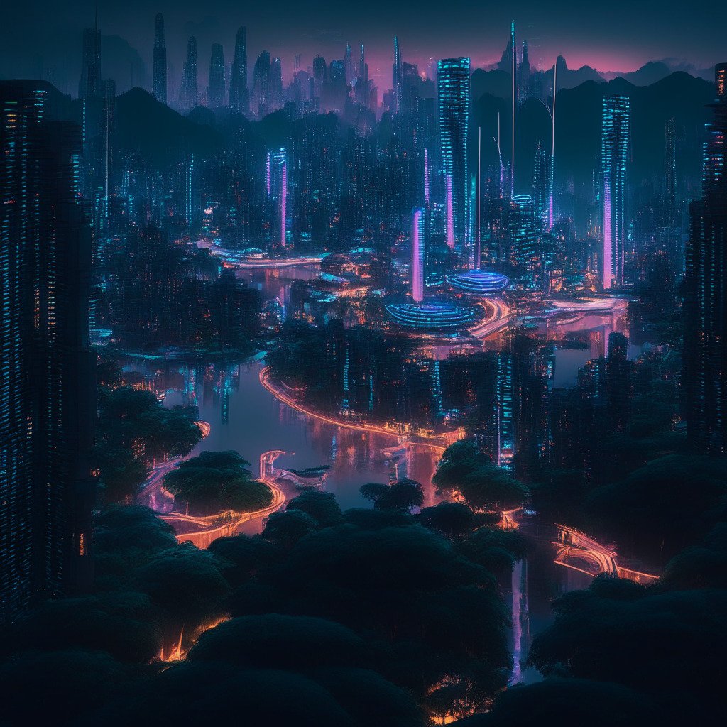 A futuristic, illuminated view of Sichuan, China at dusk, an emerging epicenter of the metaverse industry enveloped in a warm glow, with dynamic skyscrapers representing blockchain infrastructure. A lush botanical park symbolizes industrial parks fostering metaverse ventures. Hints of holographic data flowing around, symbolizing privacy safeguards and cross-chain control mechanisms. The overall mood is reflective of a powerful, intrinsic transition towards digital innovation, withstanding an undertow of uncertainty and speculation. Painted in a contemporary digital art style that mixes realism with futuristic elements.