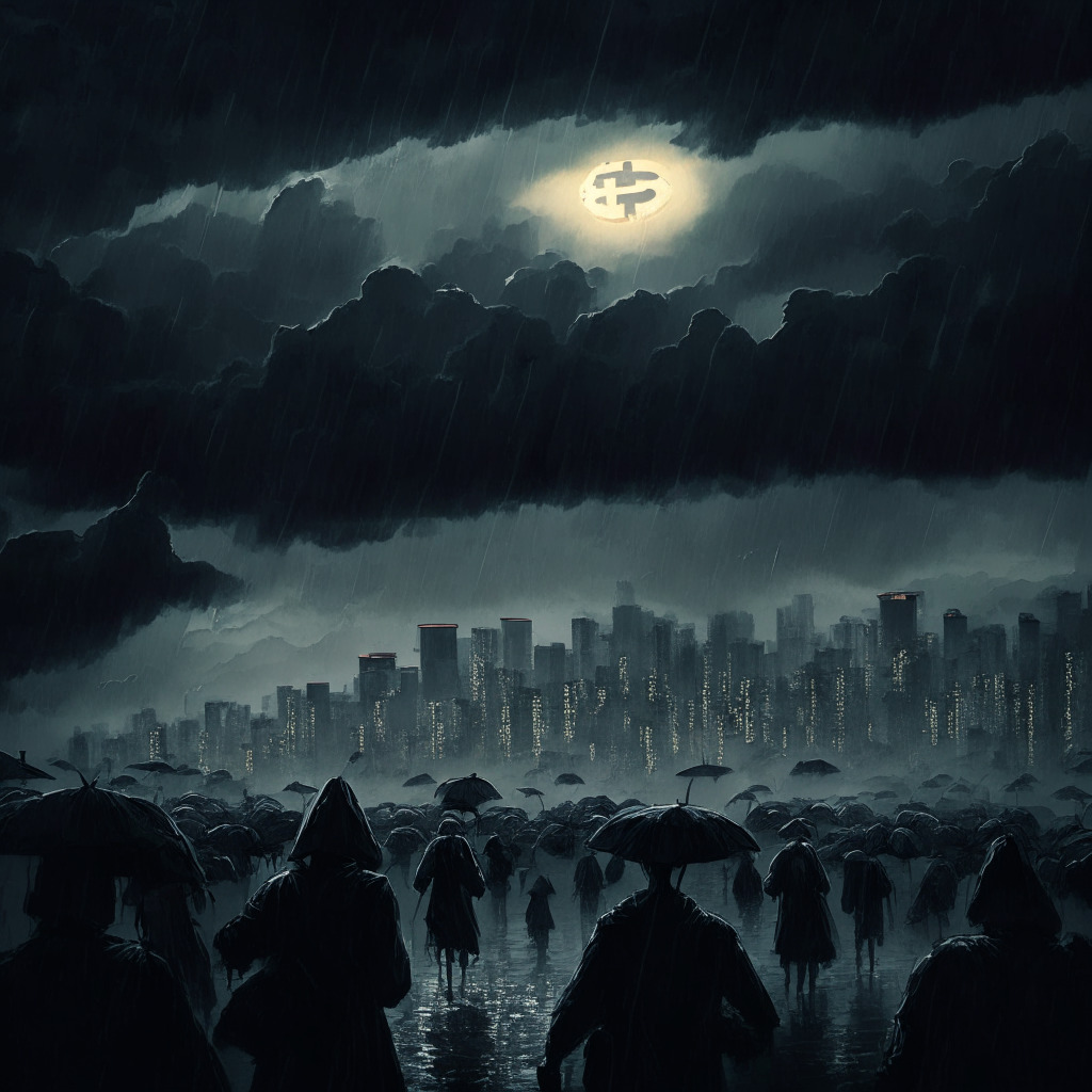 A stormy, dark cityscape under oppressive, nuanced grey skies symbolising an unwelcome climate, Anonymous blockchain personas fleeing towards brighter, welcoming lands in the distance, hinting at mass exodus. Foreground shows a few stout digital yuan coins brightly lit, symbolising Chinese state-sanctioned blockchain ventures, A dark shadow with hints of menace, intimidation, and fear looming over the fleeing personas, depicting the stern crackdown on private crypto activities. All elements portrayed in an emotive expressionist style to encapsulate the mood of anxiety, despair, and hope.