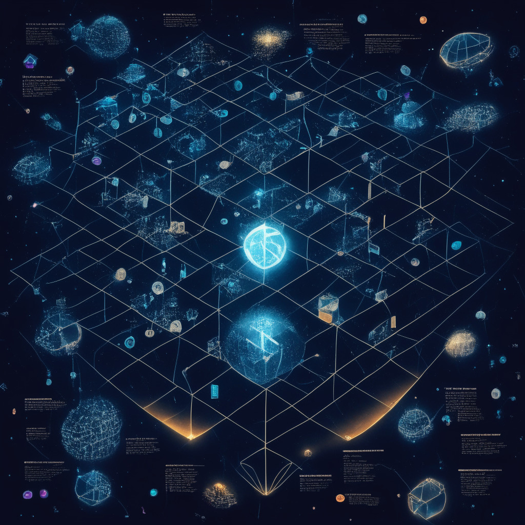 An intricate representation of various blockchain platforms like Ethereum, Solana, Ripple, Tezos, and Polygon. Each platform is depicted as floating landmasses against a dark, digital sky. Ethereum is bustling and crowded, while other platforms feel quieter, more inviting. The lighting is cold and technological, detailing the starkness of the digital world, yet with an undertone of mystery and potential. The scene has an air of caution, reinforcing the importance of careful selection for NFT minting.