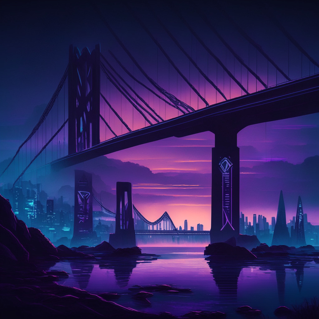 A dramatic cityscape at dawn, stylistically resembling cyberpunk aesthetics. In the foreground, a symbolic bridge represents the transition from 'USDbC' to 'USDC', with the Ethereum emblem on one side, and the Base Network emblem on the other. The bridge is lit with vibrant blues and purples, infusing an aura of uncertainty and expectation. A silhouetted audience anticipates the change, casting a contemplative mood upon the scene.