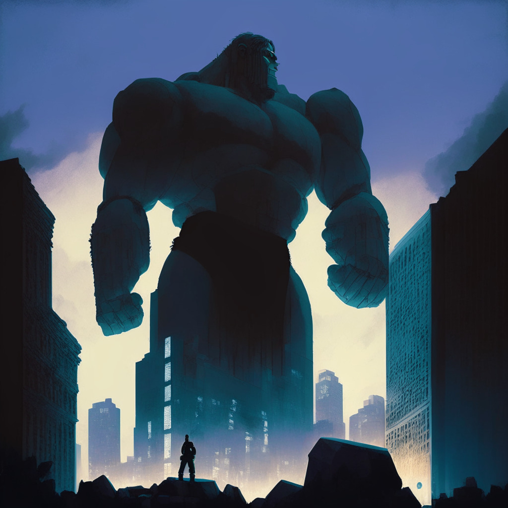 Dusk settling over a massive stone titan symbolizing the SEC, its hand firmly grasped around a luminescent, frozen crystal box symbolizing DEBT Box, atmosphere fraught with tension and accusatory energy. The titan stands tall in a sprawling financial district, symbolic blockchain codes subtly etching into the cityscape, uncertainty and drama lingering in the air.